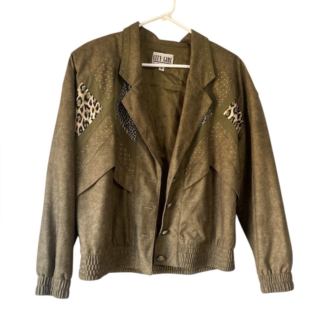 Vintage City Girl Olive Green leopard print studded Women's Jacket size medium - Picture 2 of 14